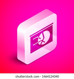 Isometric Board with graph chart icon isolated on pink background. Report text file icon. Accounting sign. Audit, analysis, planning. Silver square button. Vector Illustration