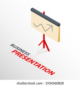Isometric board presentation icon with the arrow, isolated  3 d on a white background. Vector statistic billboard object. Commerce concept. Finance sign over white