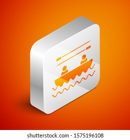 Isometric Boat with oars and people icon isolated on orange background. Water sports, extreme sports, holiday, vacation, team building. Silver square button. Vector Illustration