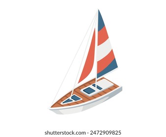 Isometric boat with red striped sail simple design vector illustration isolated on white background