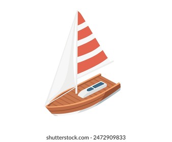 Isometric boat with red striped sail simple design vector illustration isolated on white background