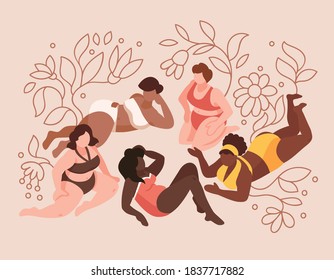 Isometric body positive composition with faceless characters of lying women of different bodily constitution with flowers vector illustration