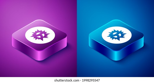 Explosión de bomba isométrica con metralla e icono de bola de fuego aislados en fondo azul y púrpura. Botón cuadrado. Vector