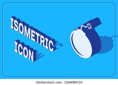 Isometric Bomb ready to explode icon isolated on blue background.  Vector Illustration