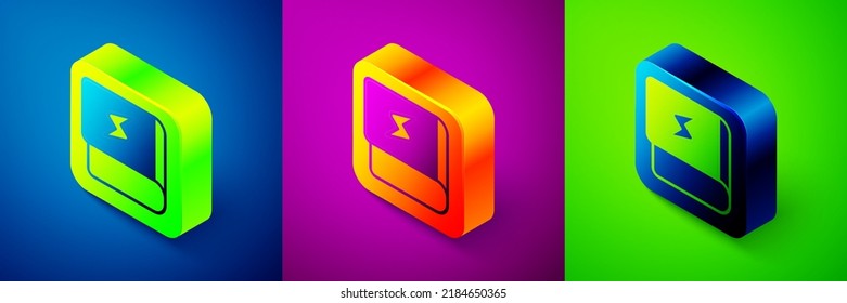 Isometric Book about electricity icon isolated on blue, purple and green background. Square button. Vector