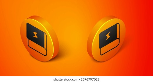 Libro isométrico sobre el icono de la electricidad aislado sobre fondo naranja. Botón de círculo anaranjado. Vector