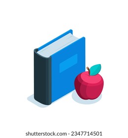 isometric book with an apple icon in color on a white background, studying at school or reading in the library