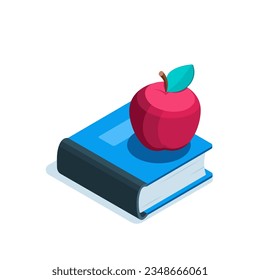 isometric book and apple icon in color on a white background, studying at school or reading in the library