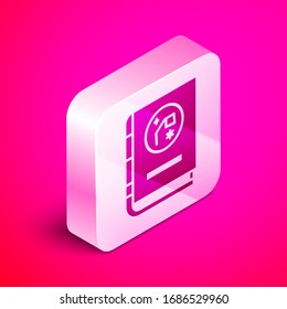 Isometric Book by astronomy icon isolated on pink background. Silver square button. Vector Illustration