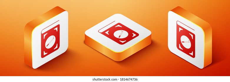 Isometric Book with cigarette icon isolated on orange background. Orange square button. Vector.