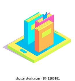 Isometric book collection on tablet simple icon. Online library concept vector illustration