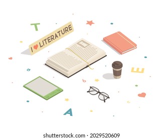 Isometric book and ebook reader isolated