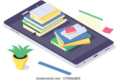 Isometric book education online study knowledge design web learning and books web library vector illustration. Digital school educations and internet studying 3d isolated on white background
