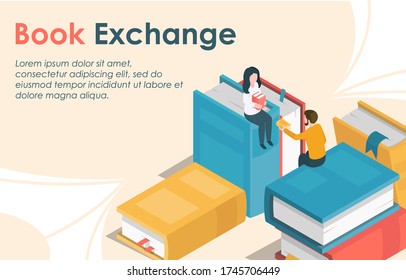 Isometric book exchange concept. Stock vector illustration. Bookcrossing poster template. Man and woman exchange books sitting on book stacks.