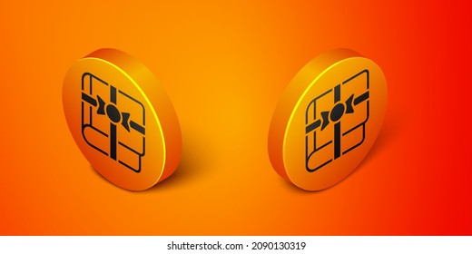 Isometrisches Buch als Geschenksymbol einzeln auf orangefarbenem Hintergrund. orangefarbene Kreistaste. Vektorgrafik
