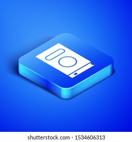 Isometric Book icon isolated on blue background. Blue square button. Vector Illustration