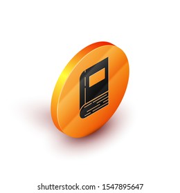 Isometric Book icon isolated on white background. Orange circle button. Vector Illustration