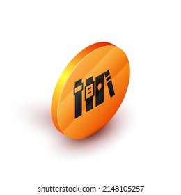 Isometric Book icon isolated on white background. Orange circle button. Vector