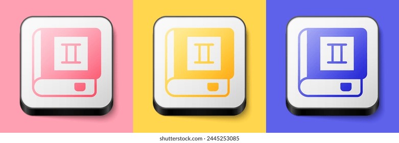 Isometric Book icon isolated on pink, yellow and blue background. Second volume. Square button. Vector