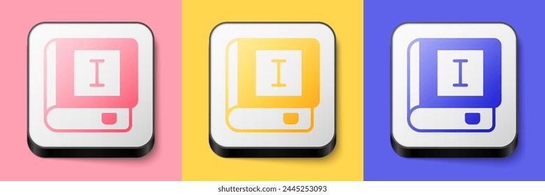 Isometric Book icon isolated on pink, yellow and blue background. First volume. Square button. Vector
