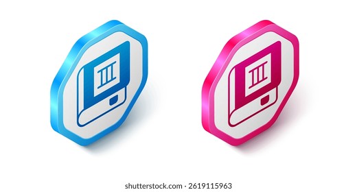 Isometric Book icon isolated on white background. Third volume. Hexagon button. Vector