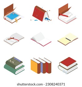 The Isometric Book Icons Pack is a collection of icons representing books in an isometric style. Each icon within the pack features a three-dimensional representation of a book.