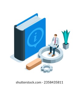 isometric book with info icon and a man reading while sitting on a magnifying glass in color on white background, reference book or dictionary or information