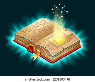 Isometric book of magic spells and witchcraft for computer game. Fairy tale icon in cartoon style. Vector illustration.