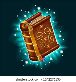 Isometric book of magic spells and witchcraft for computer game. Fairy tale icon in cartoon style. Vector illustration.