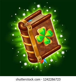 Isometric book of magic spells and witchcraft for computer game. Four leaf clover from diamonds for St. Patrick's day in cartoon style. Vector illustration.