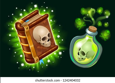 Isometric book of magic spells and witchcraft for computer game decorated skull in cartoon style. Magical poison elixir. Vector illustration.