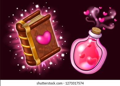 Isometric book of magic spells and witchcraft for computer game decorated heart in cartoon style. Elements for Valentine's Day. Magical love elixir. Vector illustration.