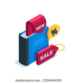 isometric book and price tag with word sale in color on white background, bookstore discount