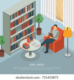 Isometric book reading composition with domestic interior big book cabinet and himan character in chair with text vector illustration