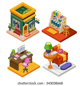 Isometric book related set: book store, book stand, library, workplace with computer, cozy armchair with coffee table. Flat vector illustration set. 