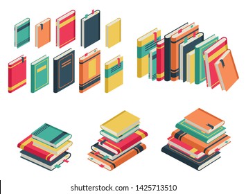 Isometric book set. Books school library publishing dictionary textbook magazine closed page for studying education university vector collection