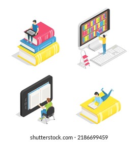 Isometric Book Set. People Reading Textbooks, Gadgets On Stack Of Objects. Students Have Online Education, Choosing Literature From Internet Library. Distant Learning Isolated Vector Set