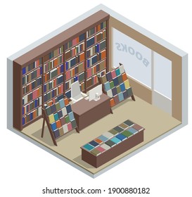 Isometric Book Shop Interior Isolated On White Background. Books, Science, Knowledge. Storefront And A Shelf With Books.