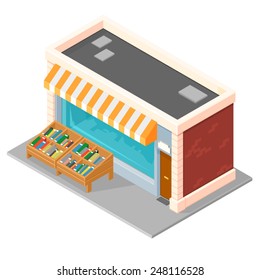 An Isometric Book Shop With Stalls Outside. Book Shop. Isometric Book Store.