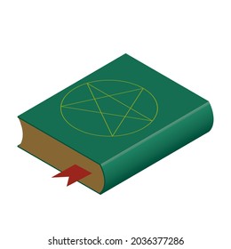 Isometric book of spells isolated on white. Green occult book with white pentagram. Vector illustration. Halloween horror concept