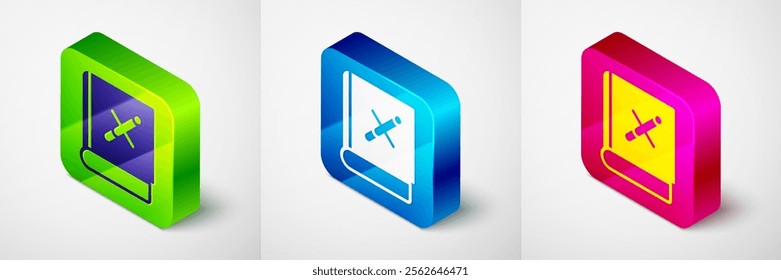 Isometric Book with stop cigarette icon isolated on grey background. Book about the dangers of smoking. Square button. Vector