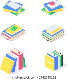 El conocimiento de la educación en libros de texto de libros isométricos aprende la biblioteca símbolo plano símbolo gráfico vector ilustración. Conjunto de libros 3d estudiando símbolos educativos concepto de diseño de aprendizaje aislado en fondo blanco