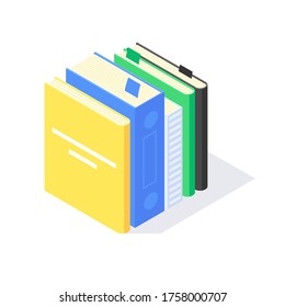 La enseñanza universitaria de libros isométricos y el conocimiento aprenden biblioteca icono plano símbolo de ilustración vectorial. Pila de libros estudiando símbolos educativos el concepto de diseño de aprendizaje aislado en el fondo blanco