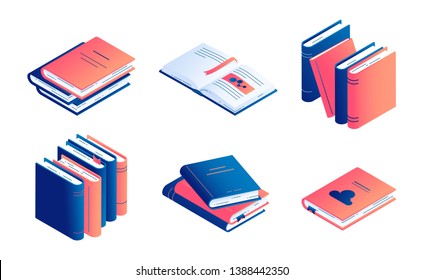 Isometric book vector illustration set - isolated closed and open paper literature or diary.