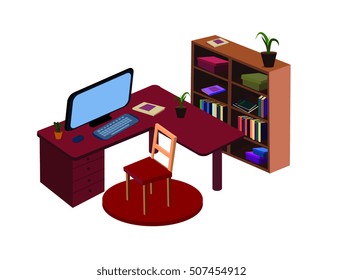 isometric bookcase ,computer table,chair