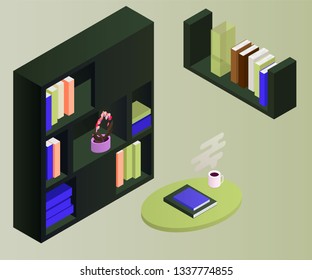 Isometric bookcase isolated on background. 3d shelves filled with books. Vector illustration