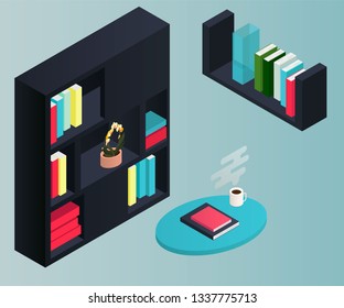 Isometric bookcase isolated on background. 3d shelves filled with books. Vector illustration