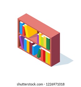Isometric bookcase isolated on white background. 3d shelves filled with books. Vector illustration.