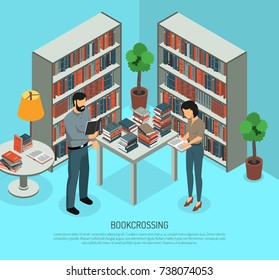 Isometric bookcrossing composition with public library interior and two human characters sharing and reading different books vector illustration
