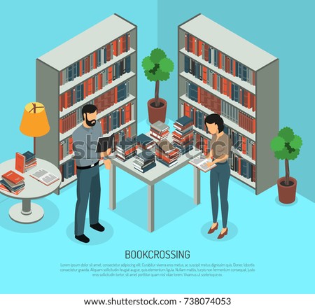 Isometric bookcrossing composition with public library interior and two human characters sharing and reading different books vector illustration
